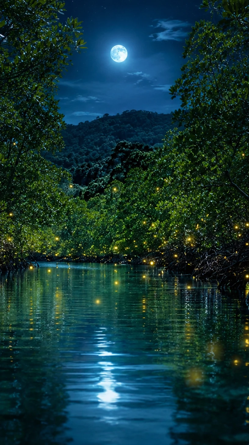 Fireflies glowing above mangrove riverbanks in Malaysia